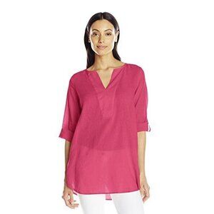 🏆238 Chaus Roll-Tab-Sleeve Split-Neck Pink Linen Tunic Top